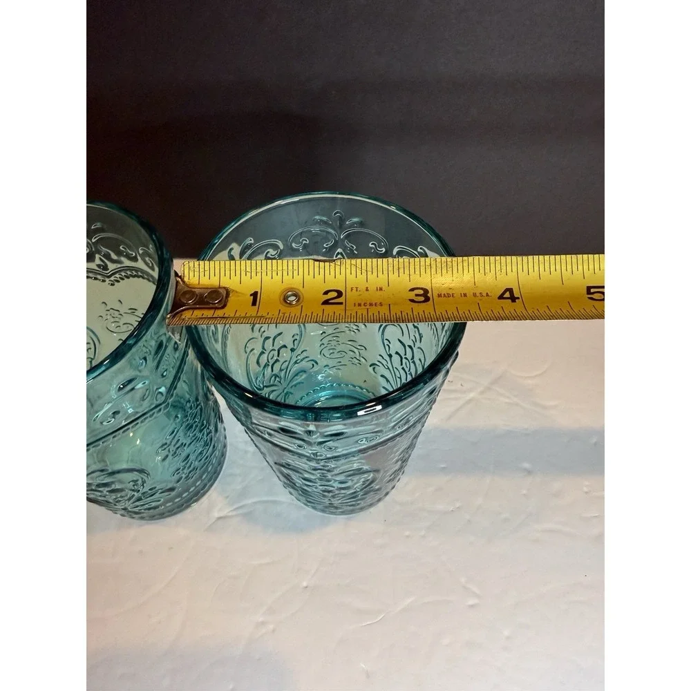 Rare Pioneer Woman Amelia Teal Glass Tumblers Set of 2 Embossed 14 oz